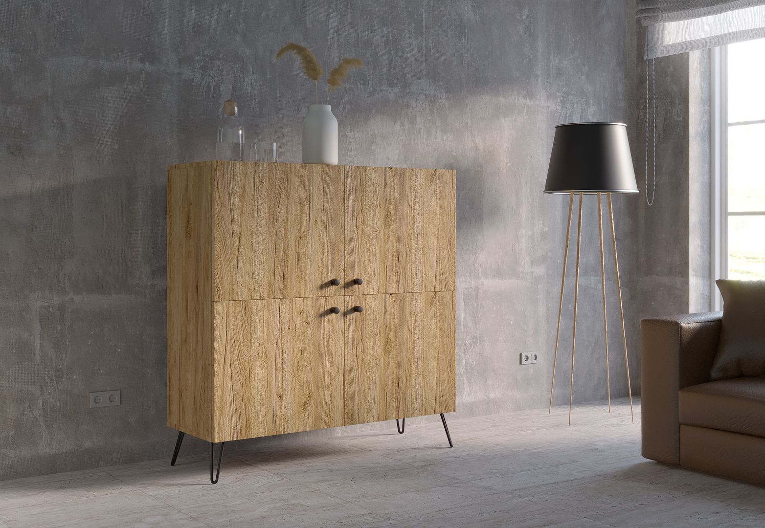 komoda w kolorze dąb craft z 4 szafkami na metalowych nóżkach.