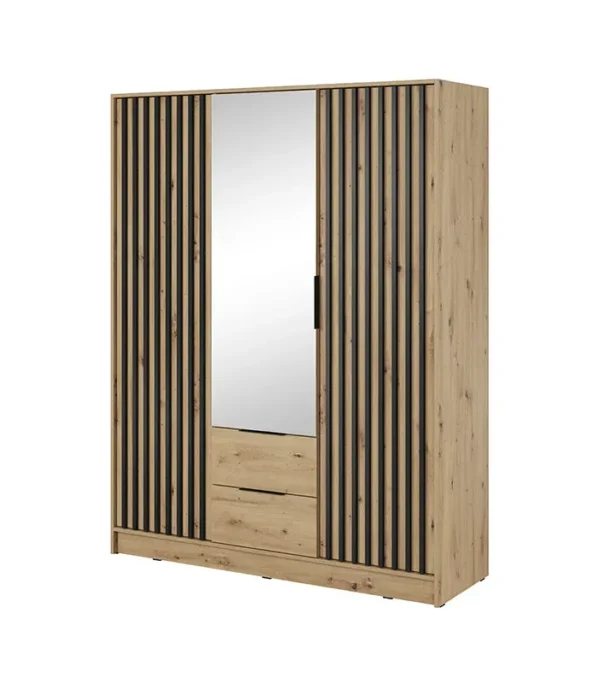 Szafa NELLY 3D z lustrem dąb artisan/czarny lamele – elegancja i funkcjonalność