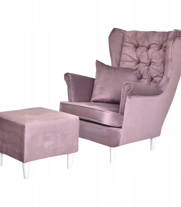 Fotel uszak Gaja z podnóżkiem skandynawski Family Meble liliowy salon