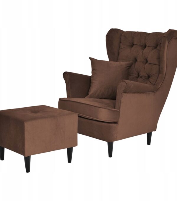 Fotel uszak Gaja z podnóżkiem skandynawski Family Meble brązu orzech