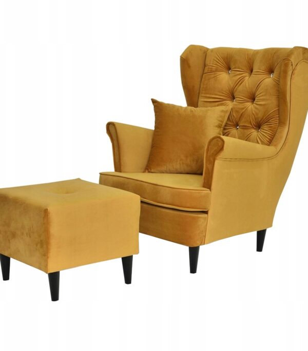 Fotel uszak Gaja z podnóżkiem skandynawski Family Mebl złoty aksamitny