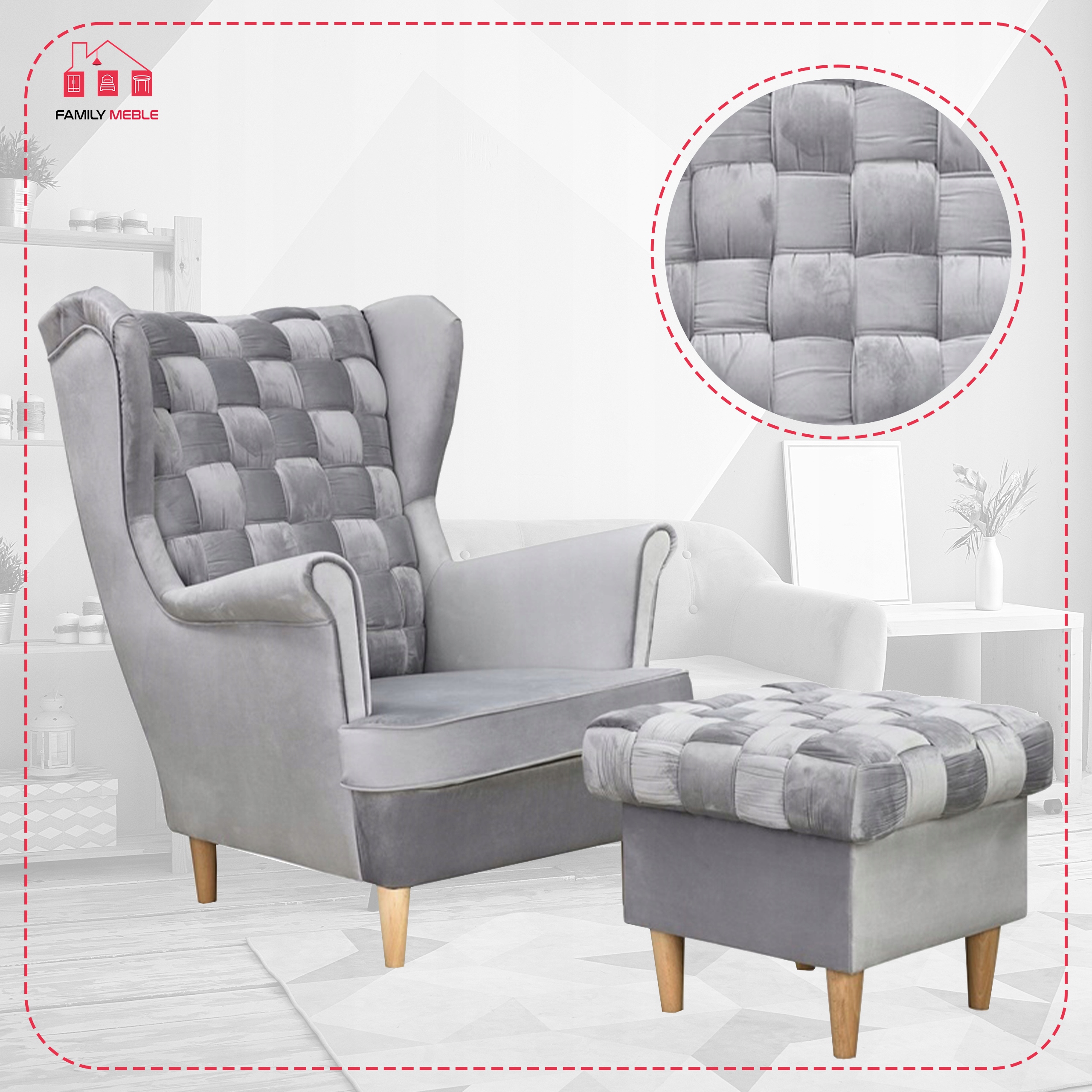 Fotel uszak Carol z podnóżkiem skandynawski Family Meble siwy aksamit - obrazek 4