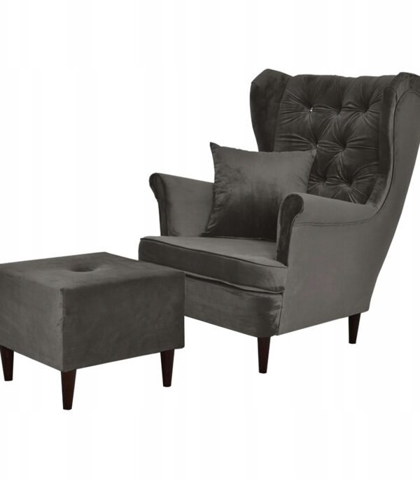 Fotel uszak Gaja z podnóżkiem skandynawski Family Meble brunatny szary