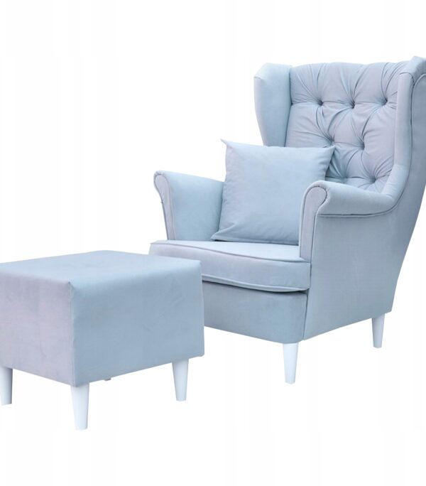 Fotel uszak Gaja z podnóżkiem skandynawski Family Meble pikowany guzik