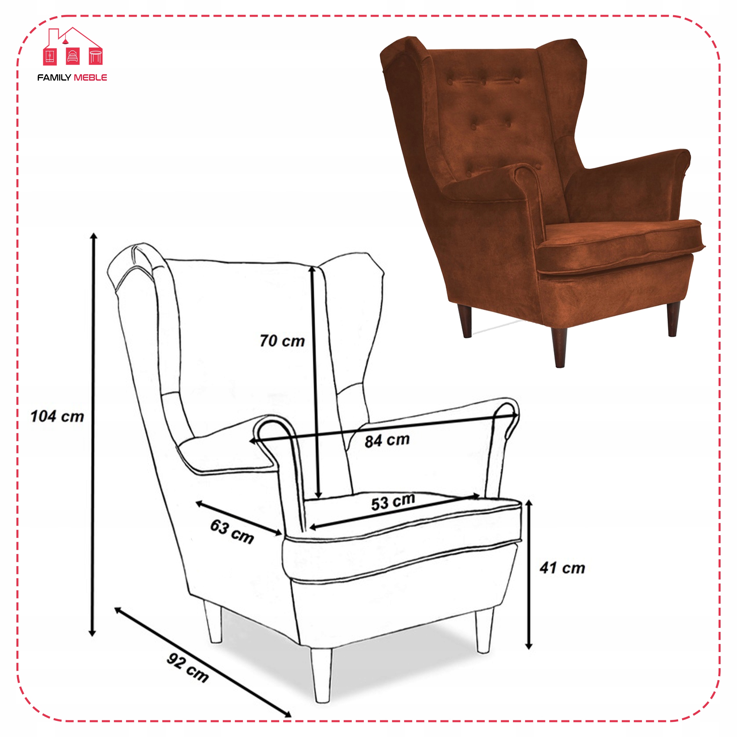 Fotel uszak Diana skandynawski Family Meble miedziany miły w dotyku rudy - obrazek 7