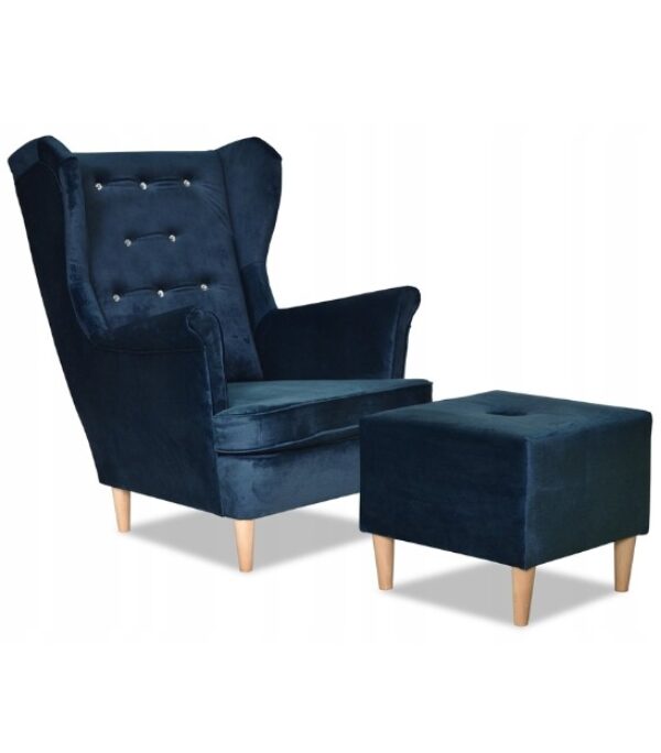 Fotel uszak Diana z podnóżkiem skandynawski Family Meble granatowy pik