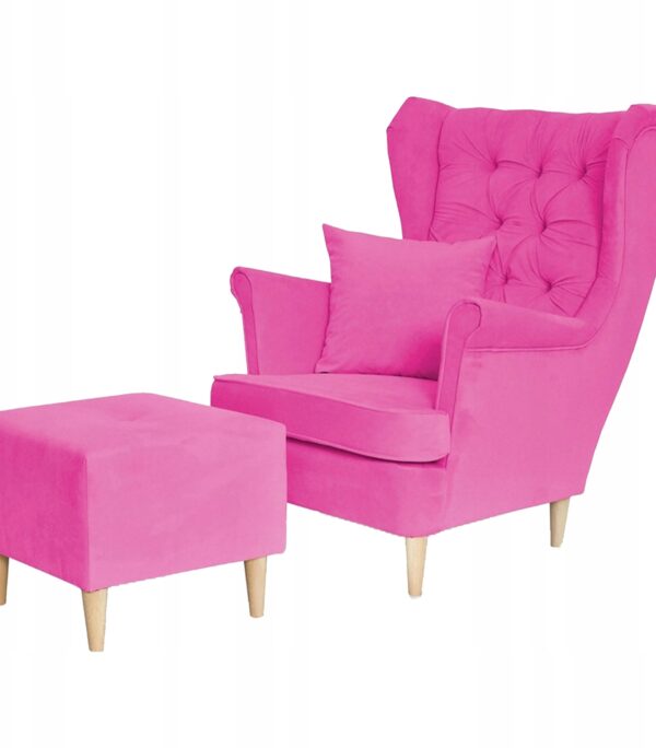 Fotel uszak Gaja z podnóżkiem skandynawski Family Mebl fuksja róż PINK