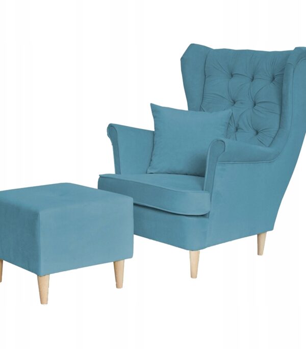 Fotel uszak Gaja z podnóżkiem skandynawski Family Mebl niebieski jasny