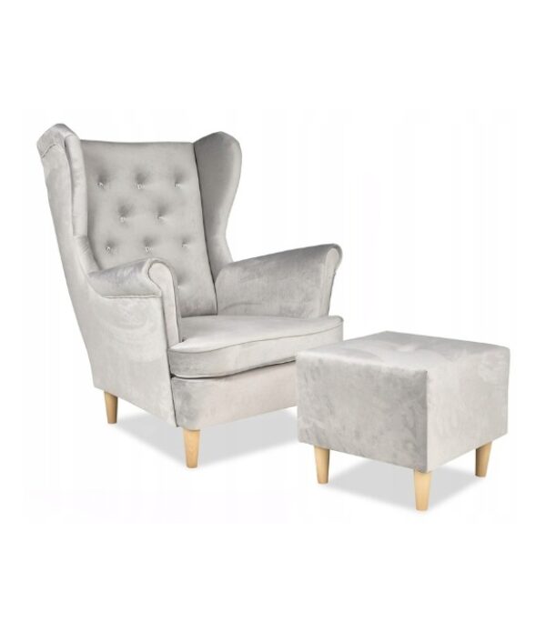 Fotel uszak Diana z podnóżkiem skandynawski Family Meble srebrny welur