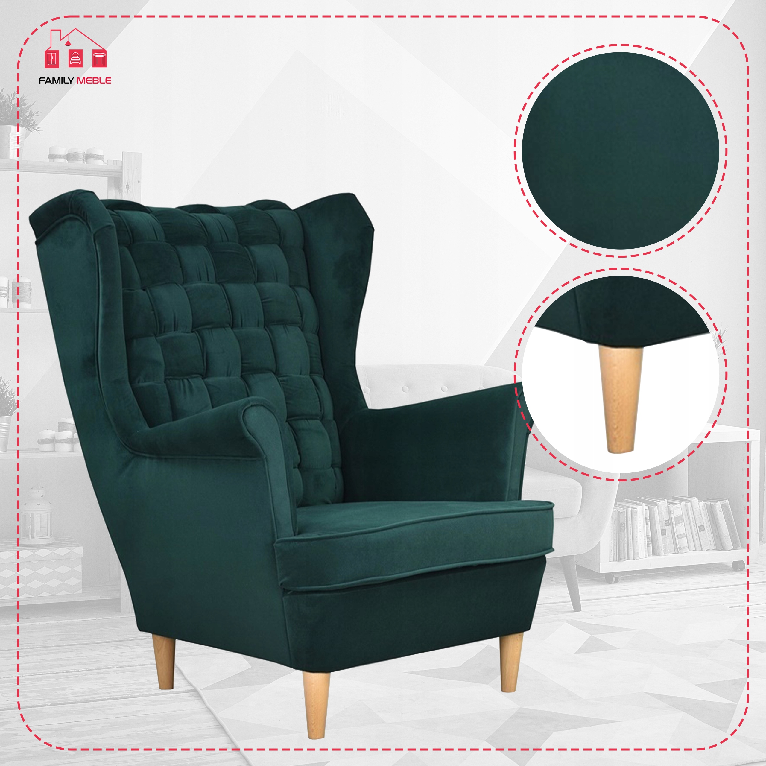 Fotel uszak Carol skandynawski Family Meble butelkowa zieleń - obrazek 8