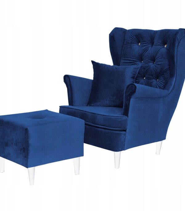 Fotel uszak Gaja z podnóżkiem skandynawski Family Meble aksamit welwet