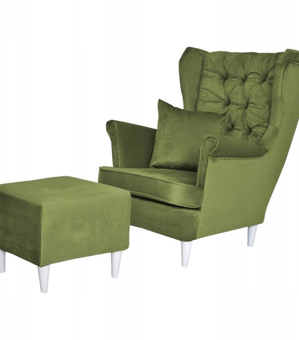 Fotel uszak Gaja z podnóżkiem skandynawski Family Meble oliwka jasna