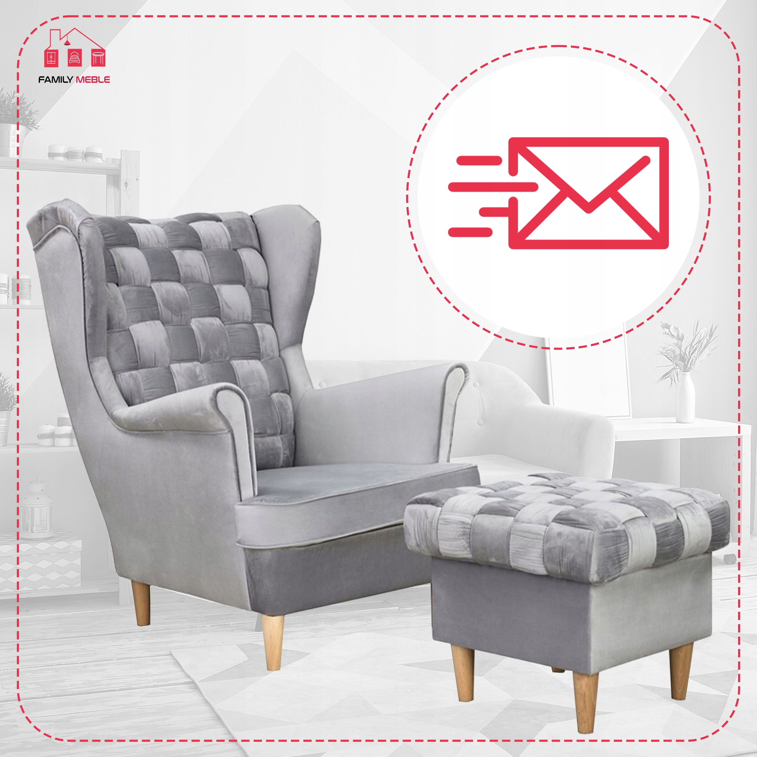 Fotel uszak Carol z podnóżkiem skandynawski Family Meble siwy aksamit - obrazek 5