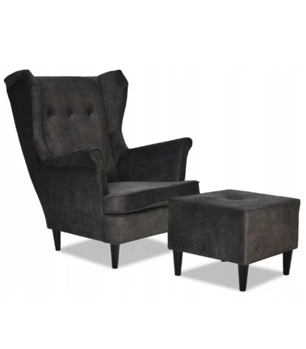 Fotel uszak Diana z podnóżkiem skandynawski Family Meble ciemny welur