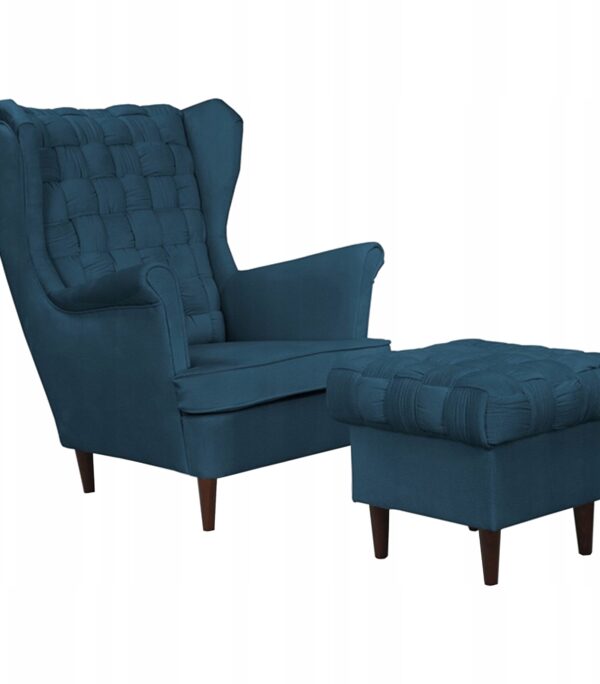 Fotel uszak Carol z podnóżkiem skandynawski Family Meble granatowy
