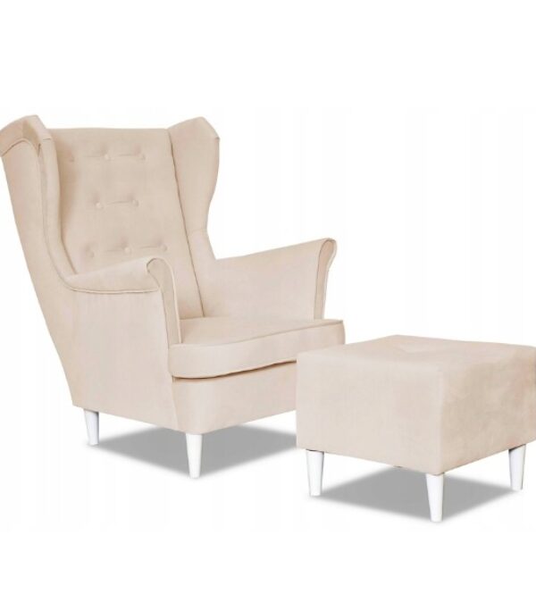 Fotel uszak Diana z podnóżkiem skandynawski Family Meble śmietankowy