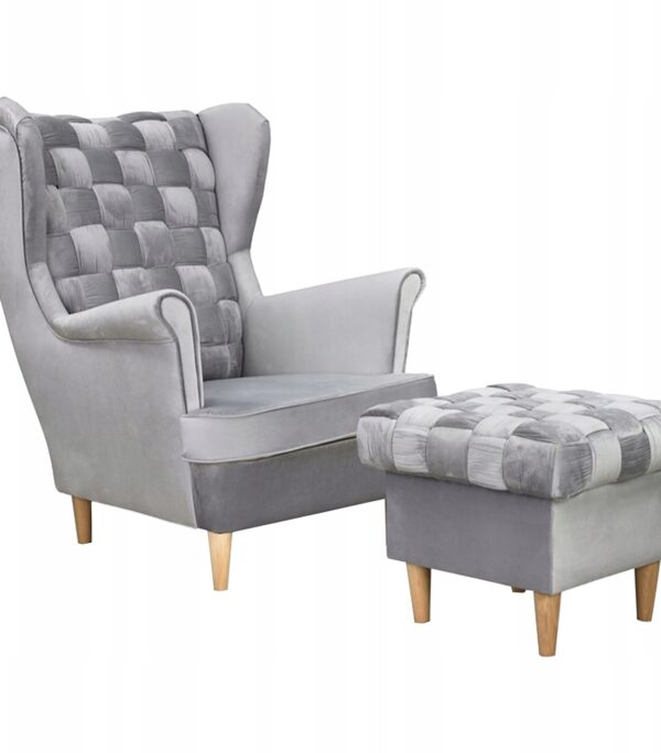 Fotel uszak Carol z podnóżkiem skandynawski Family Meble siwy aksamit