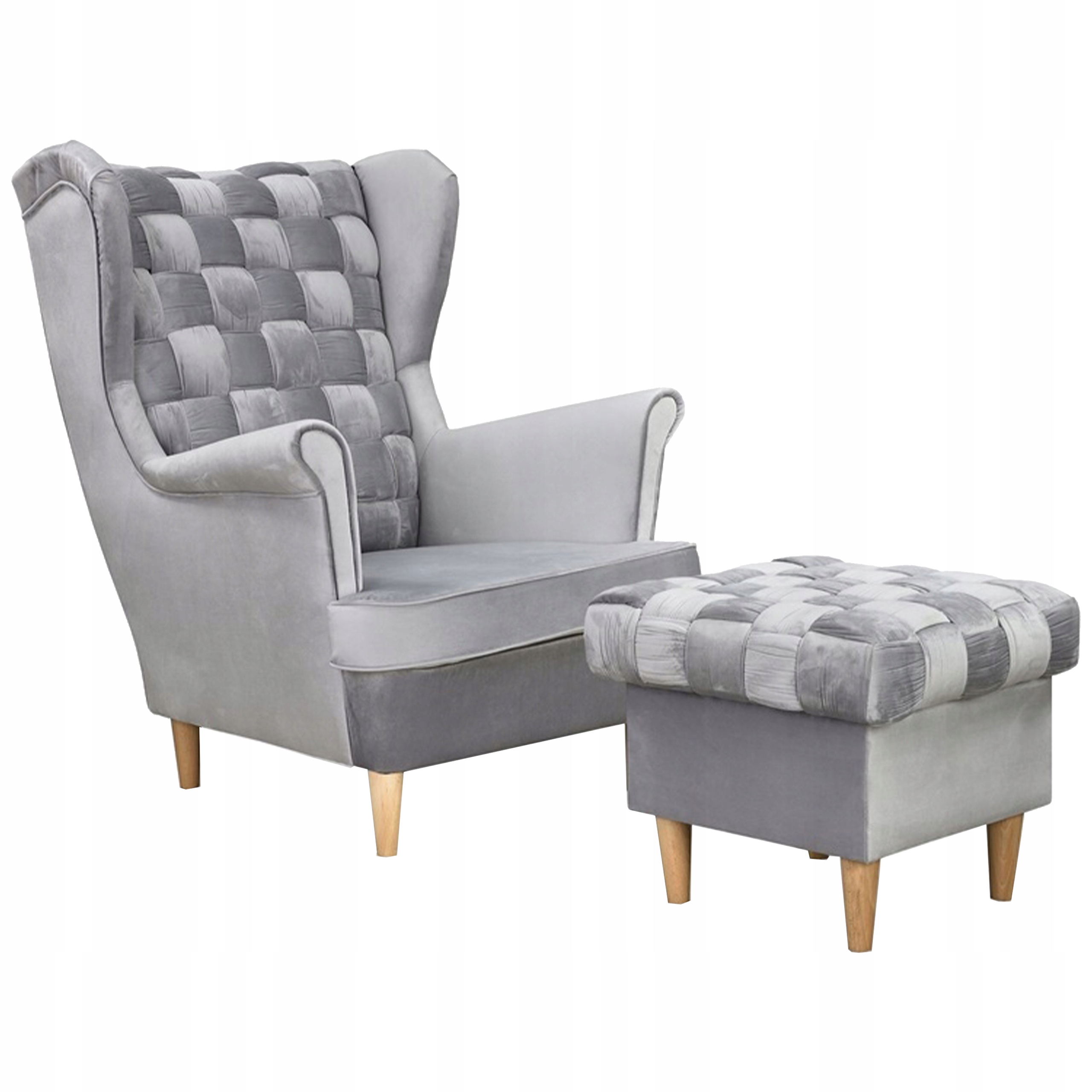 Fotel uszak Carol z podnóżkiem skandynawski Family Meble siwy aksamit