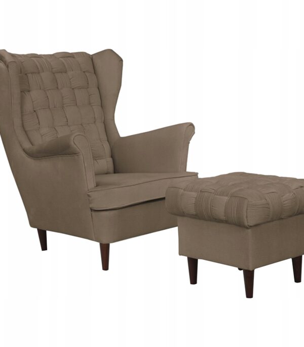 Fotel uszak Carol z podnóżkiem skandynawski Family Meble brązowy beż