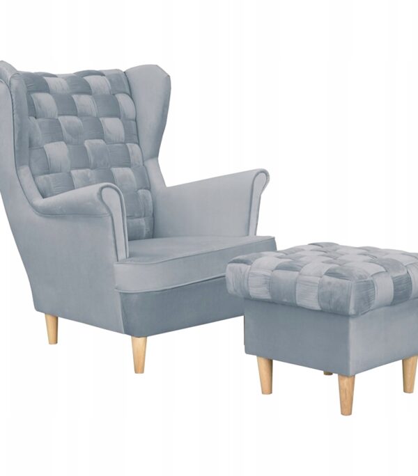 Fotel uszak Carol z podnóżkiem skandynawski Family Meble jasny stalowy