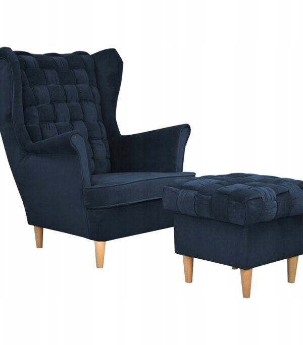 Fotel uszak Carol z podnóżkiem skandynawski Family Meble granatowy
