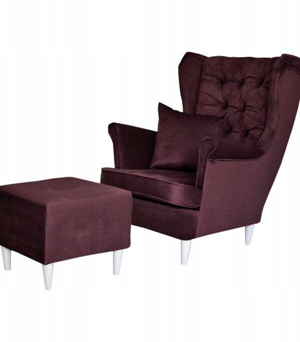 Fotel uszak Gaja z podnóżkiem skandynawski Family Meble burgund welur