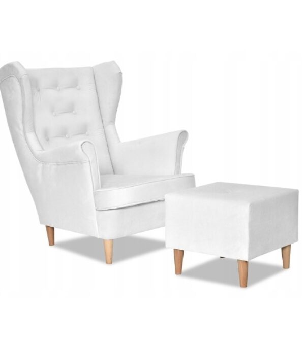 Fotel uszak Diana z podnóżkiem skandynawski Family Meble biały brudny
