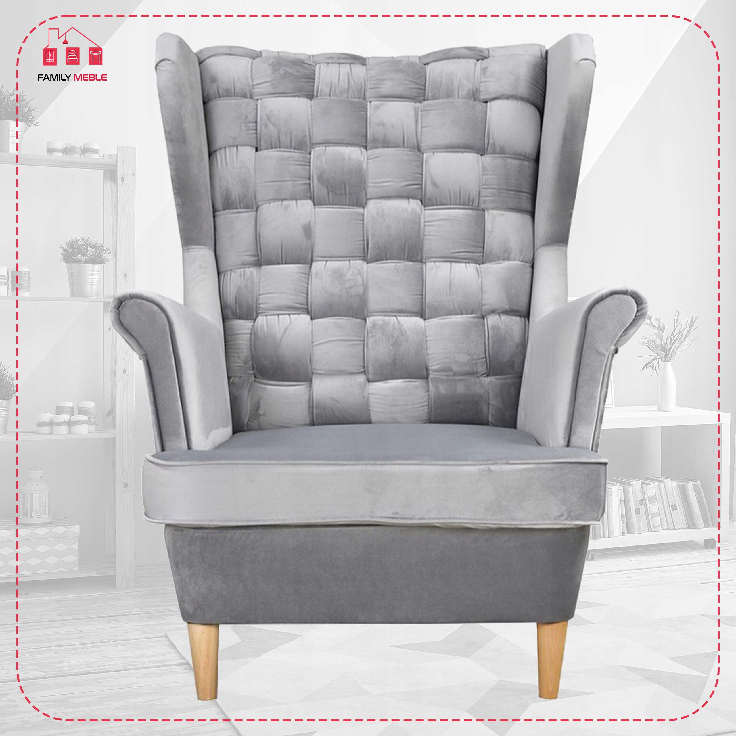 Fotel uszak Carol z podnóżkiem skandynawski Family Meble siwy aksamit - obrazek 2