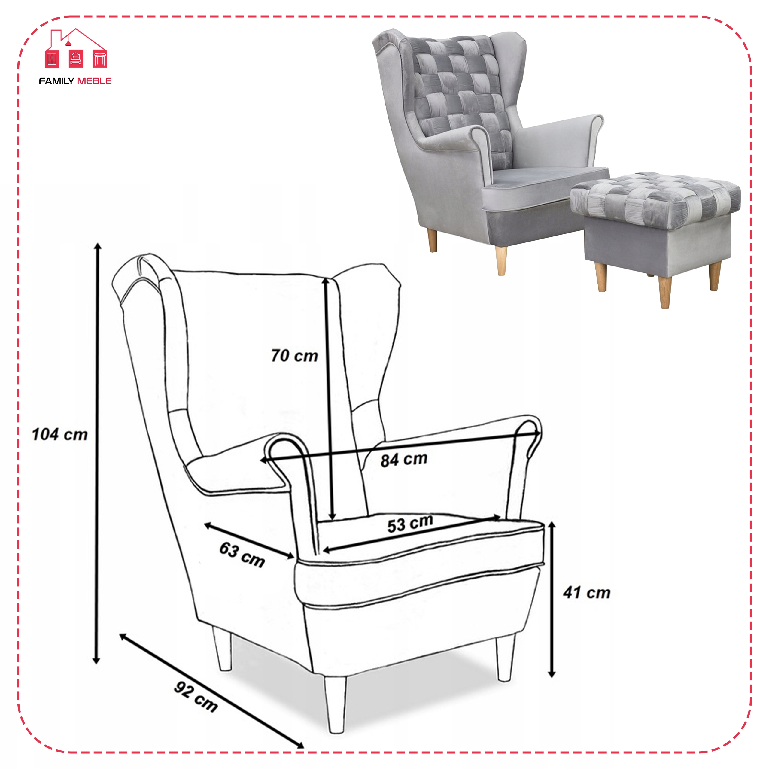 Fotel uszak Carol z podnóżkiem skandynawski Family Meble siwy aksamit - obrazek 9