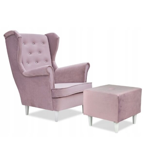 Fotel uszak Diana z podnóżkiem skandynawski Family Meble liliowy róż