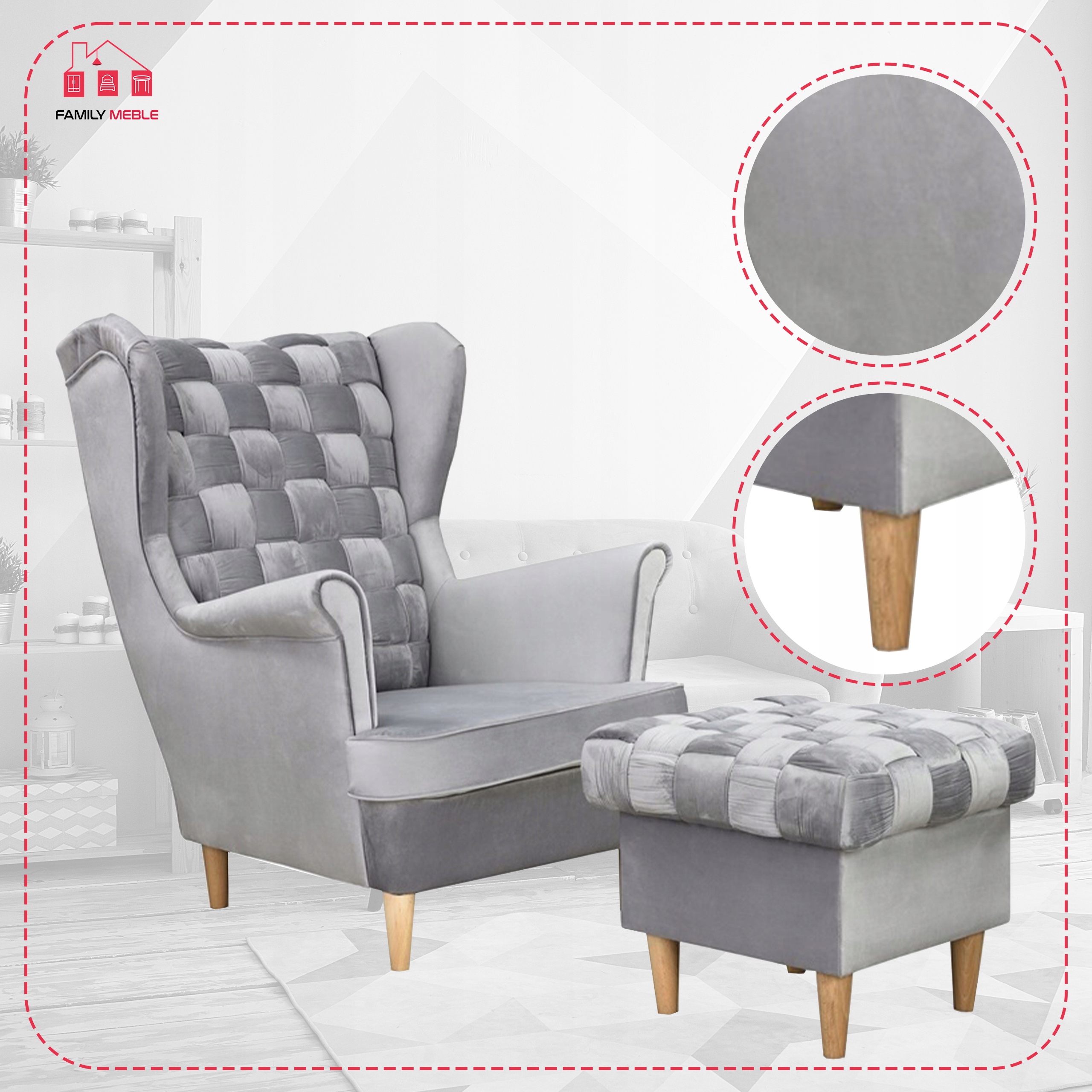 Fotel uszak Carol z podnóżkiem skandynawski Family Meble siwy aksamit - obrazek 6