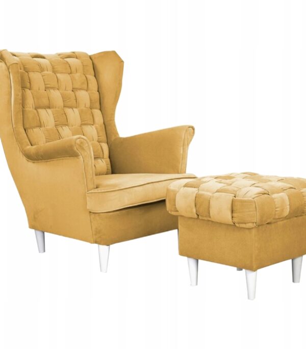 Fotel uszak Carol z podnóżkiem skandynawski Family Meble zółty miodowy