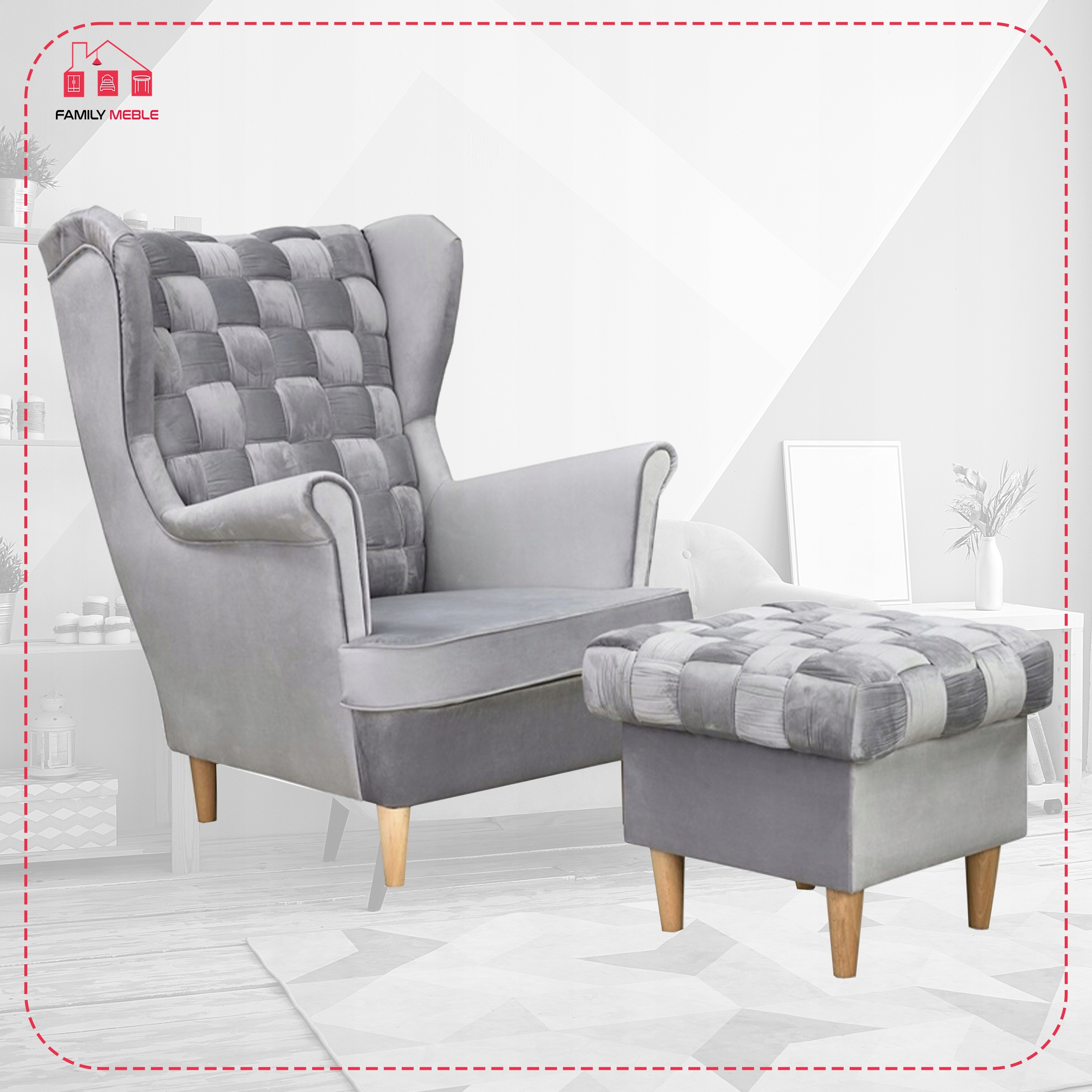 Fotel uszak Carol z podnóżkiem skandynawski Family Meble siwy aksamit - obrazek 3