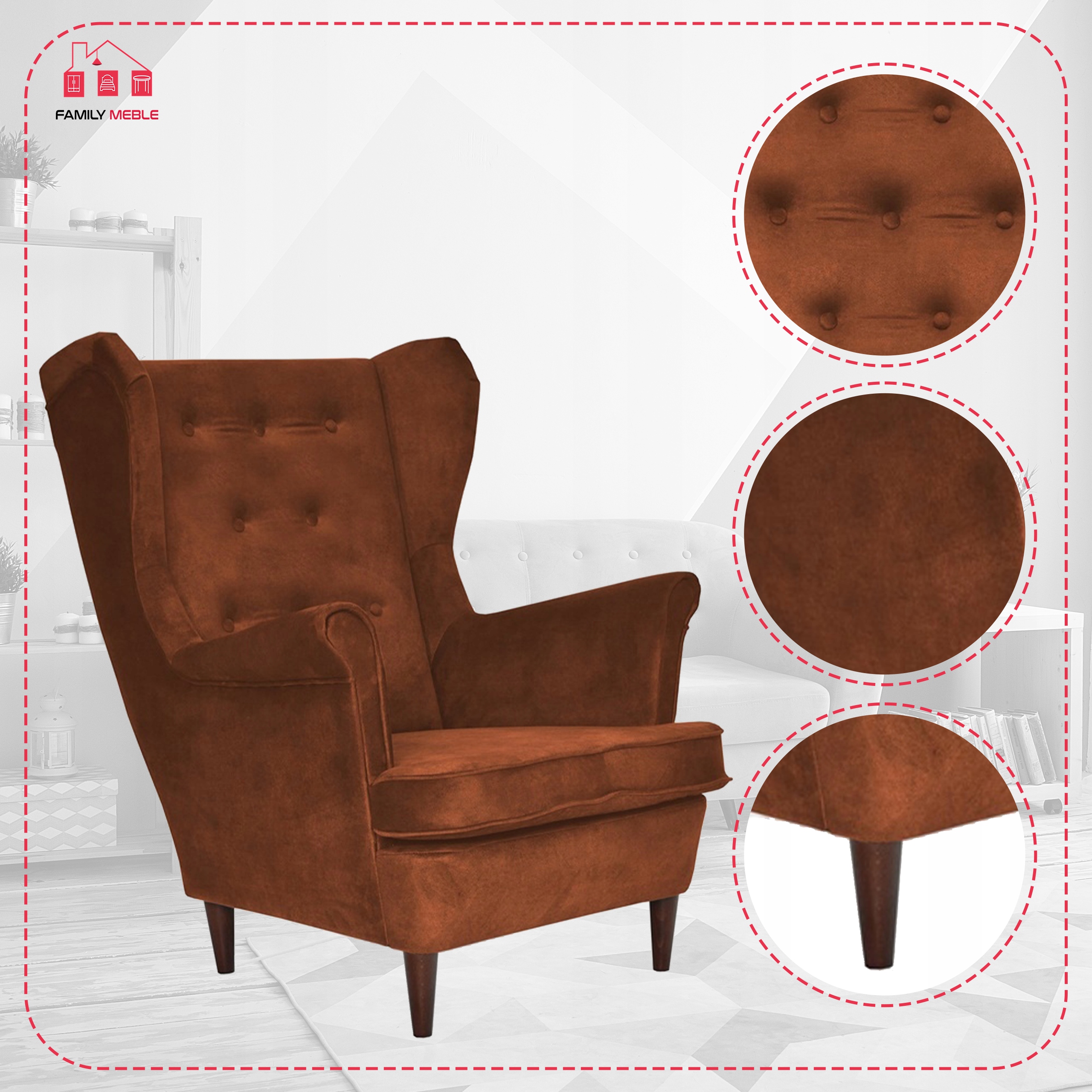 Fotel uszak Diana skandynawski Family Meble miedziany miły w dotyku rudy - obrazek 6