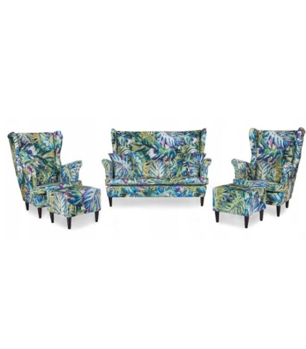 Zestaw wypoczynkowy mebli uszak Ari Print sofa fotele pufy Family Meble komplet