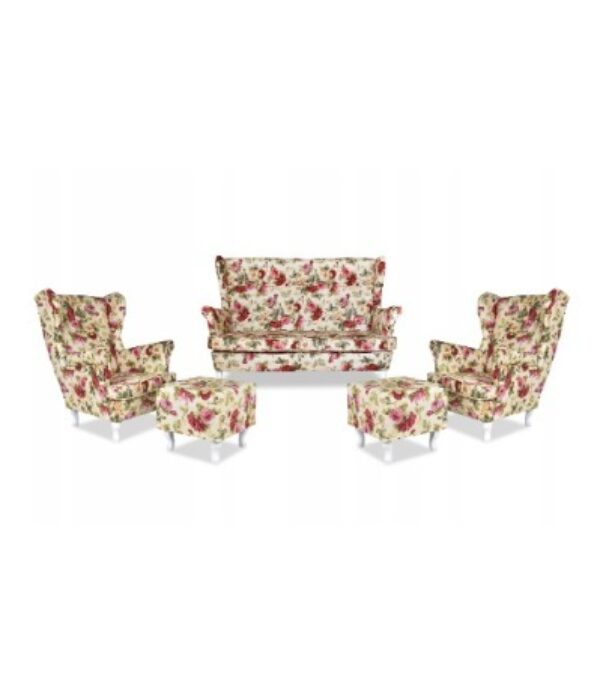 Zestaw wypoczynkowy mebli uszak Ari Print sofa fotele pufy Family Meble komplet