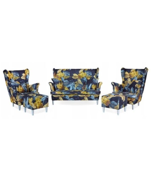 Zestaw wypoczynkowy mebli uszak Ari Print sofa fotele pufy Family Meble komplet