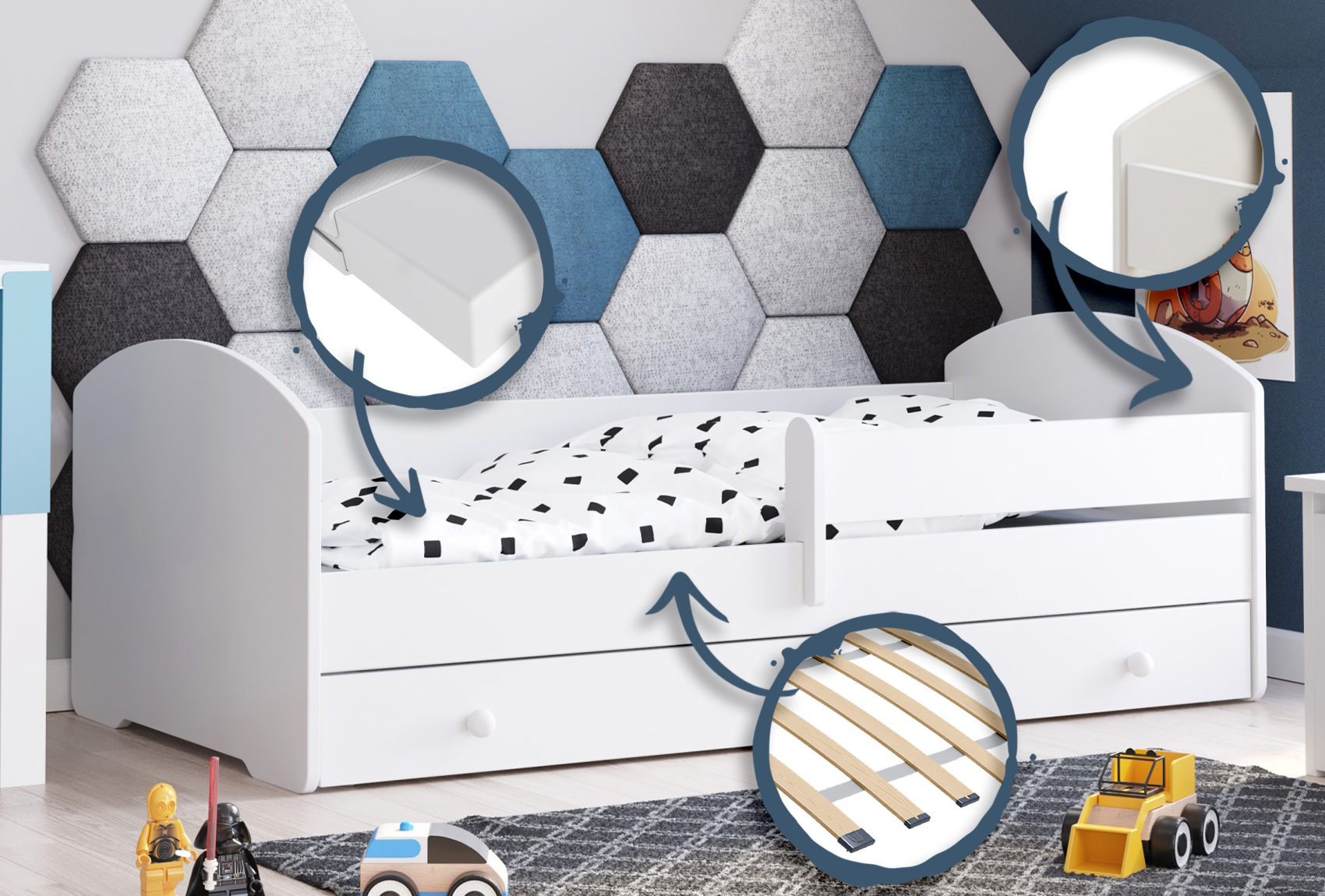 Łóżko dziecięce LUK 140x70 barierka szuflada materac - Biały - obrazek 5