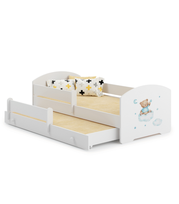 Łóżko dziecięce podwójne wysuwane LUK II 160×80 – Niebieski Miś