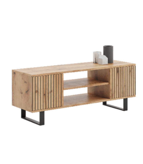 Szafka RTV FOCUS 155 cm loft, nogi metalowe, nadruk lamele – Dąb Craft