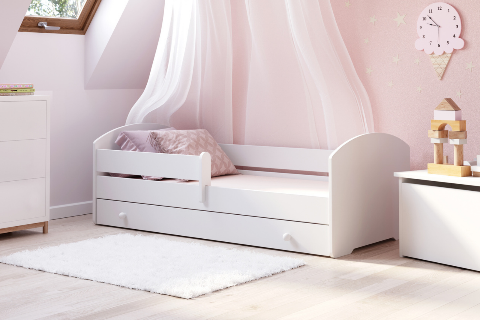 Łóżko dziecięce LUK 140x70 barierka szuflada materac - Biały - obrazek 4