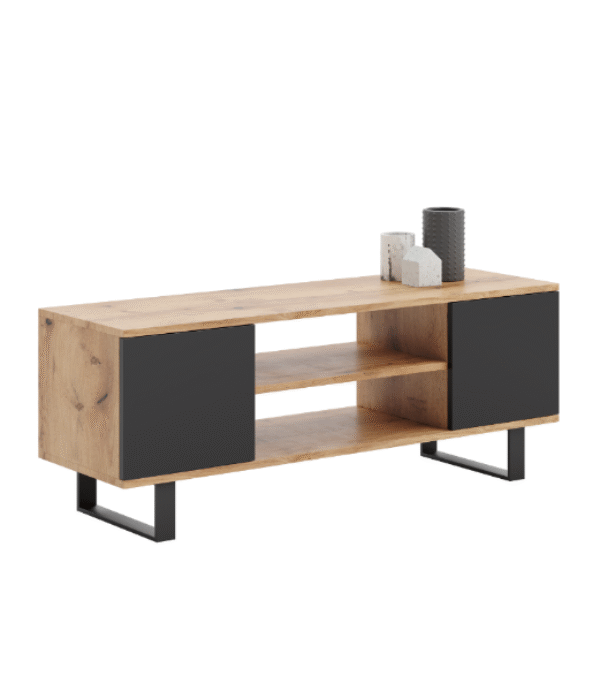 Szafka RTV FOCUS 155 cm loft, nogi metalowe – Dąb Craft / Czarny