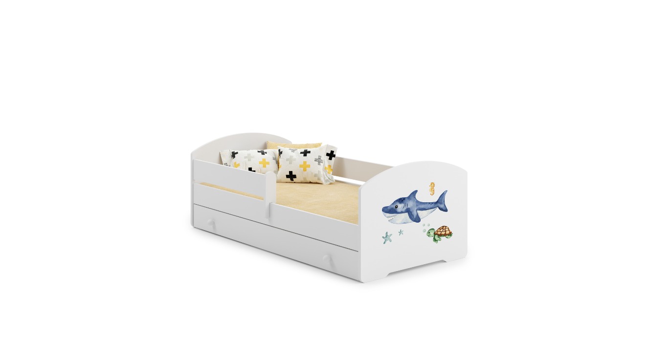 Łóżko dziecięce LUK 140x70 barierka szuflada grafika - Rekin