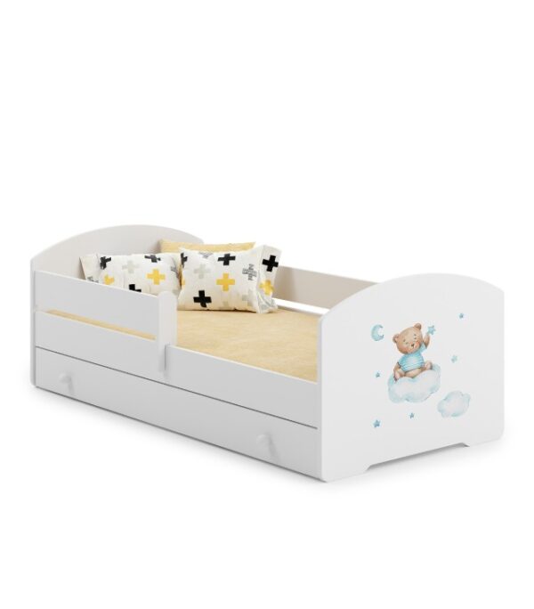 Łóżko dziecięce LUK 160×80 barierka szuflada grafika – Niebieski Miś