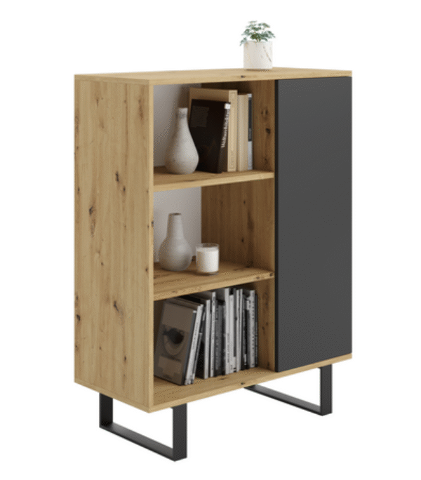 Komoda FONDI szafka z regałem loft, nogi metalowe – Dąb Artisan / Czarny