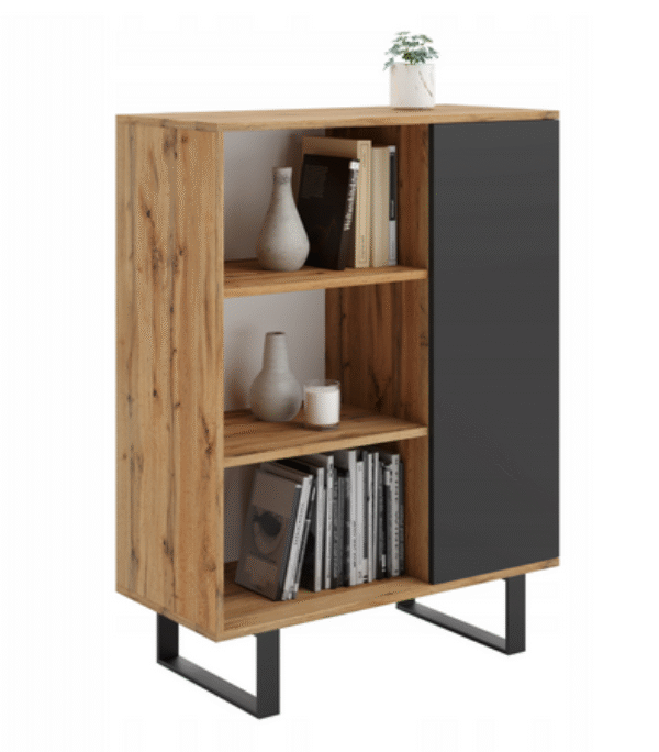 Komoda FONDI szafka z regałem loft, nogi metalowe – Dąb Craft / Czarny