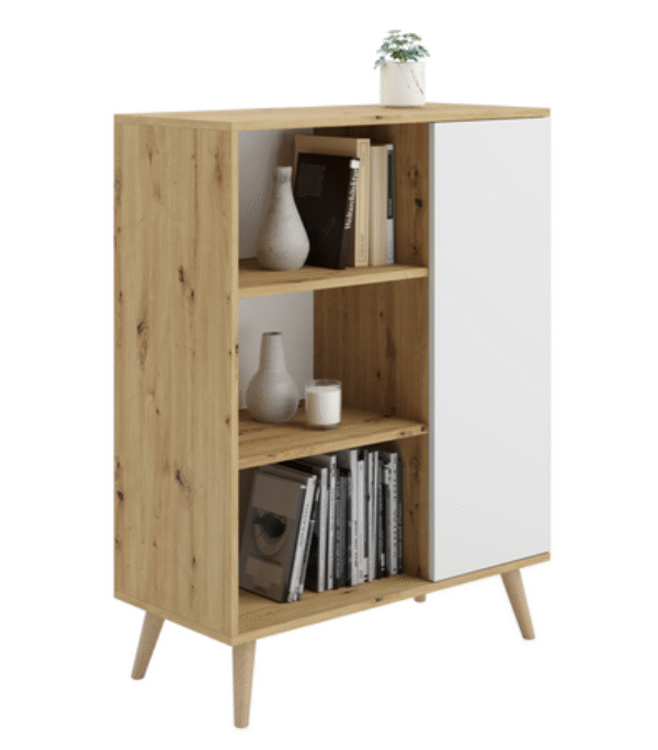 Komoda FONDI szafka z regałem skandynawska nogi drewniane – Dąb Artisan / Biały