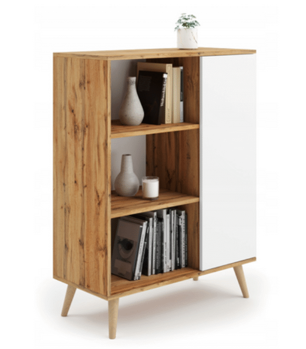 Komoda FONDI szafka z regałem skandynawska nogi drewniane – Dąb Craft / Biały