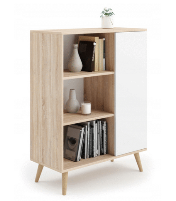 Komoda FONDI szafka z regałem skandynawska nogi drewniane – Dąb Sonoma / Biały