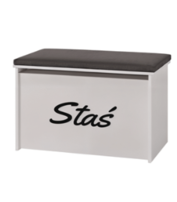 Skrzynia na zabawki DARIA – Biała z imieniem, panel grafitowy